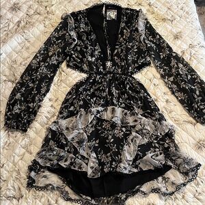 ASOS Floral Black and Gray Dress with Cutout and Ruffles- Tall